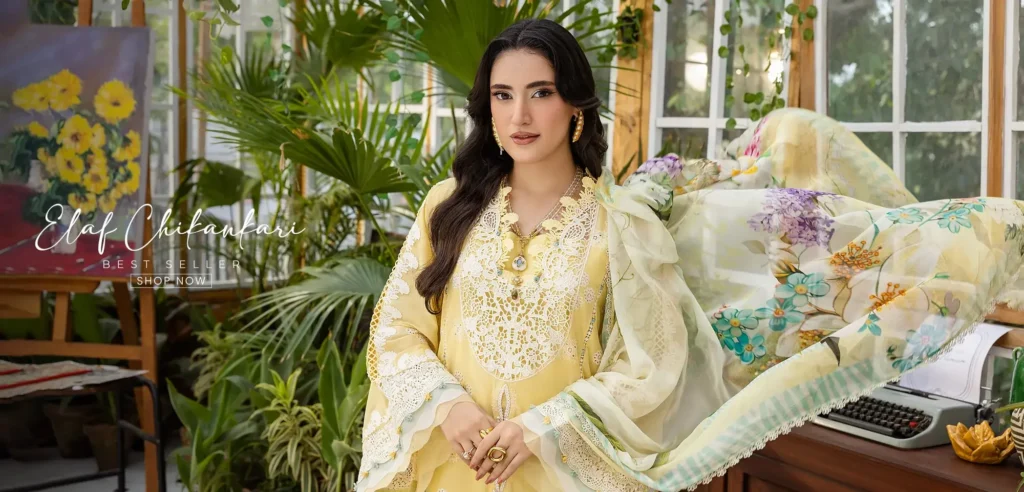 A stunning bridal outfit from Elaf, showcasing intricate embroidery and luxurious fabrics, representing the brand's commitment to elegance and quality.