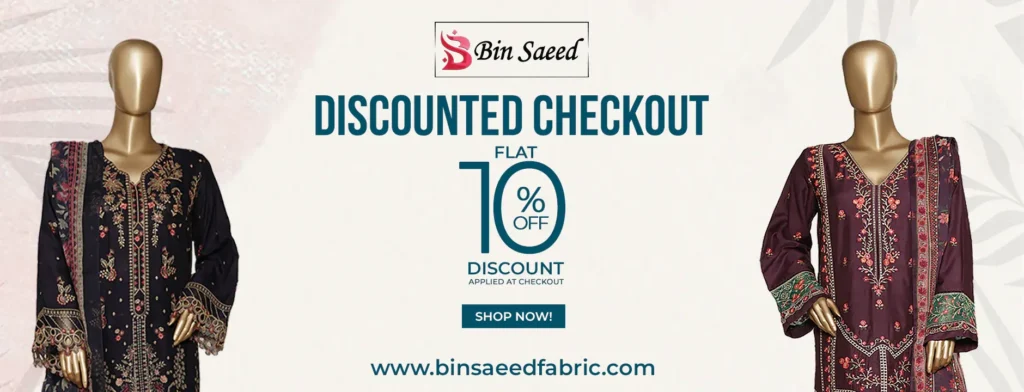 Mannequins dressed in stylish Bin Saeed outfits featuring unique prints and luxurious fabrics, showcased at the entrance of a boutique.