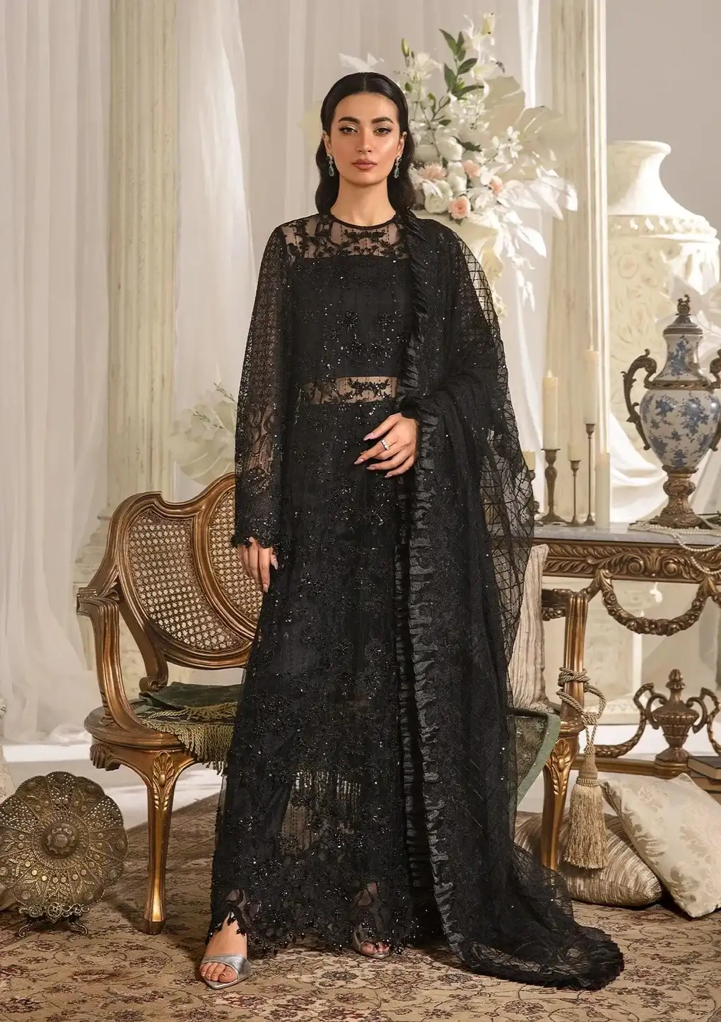 Elaf Stardom Handwork 25 Majesty EFE-05 embroidered poly net Majestic Black luxury formal dress